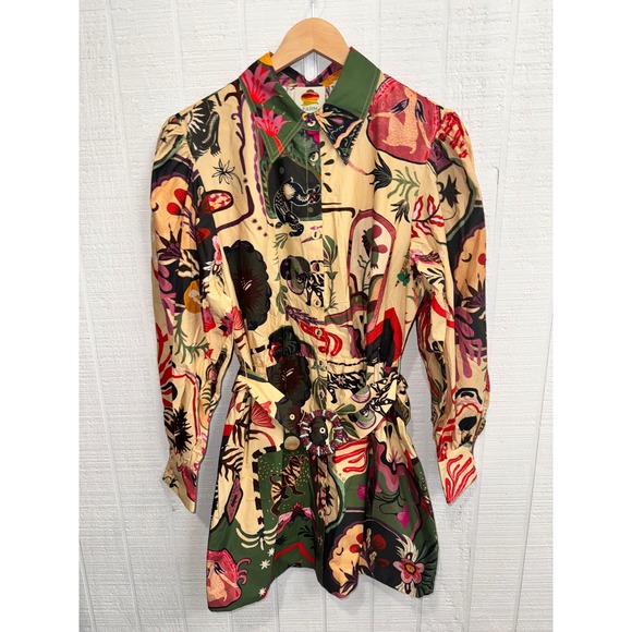 FARM Rio Dresses & Skirts - Farm Rio Artsy Surreal Land Mini Dress Womens Beige Multi Long Sleeve Large NWT